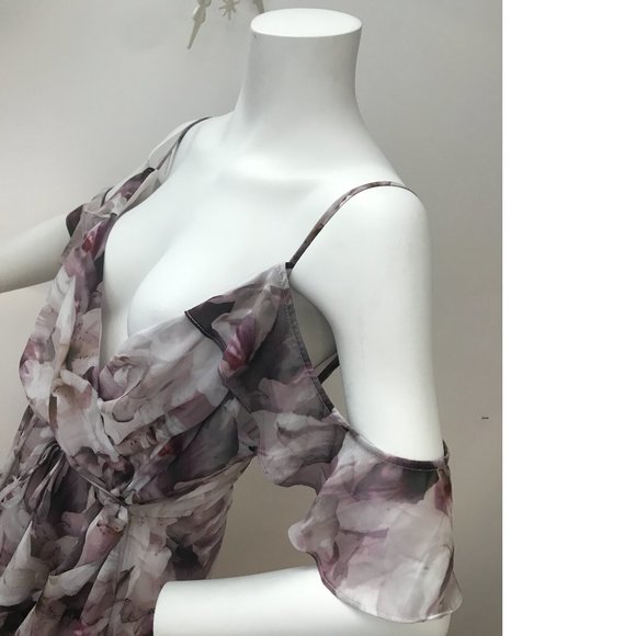 Le Chateau PLUS SIZE Flowy Chiffon Lavender Purple White Ruffle Dress Floral NWT - Picture 10 of 13